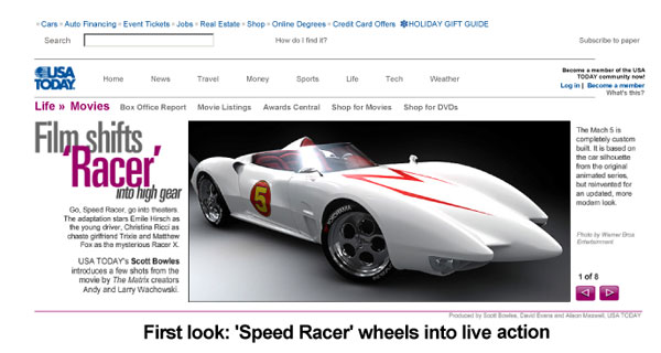 Speed Racer as featured in USA Today.